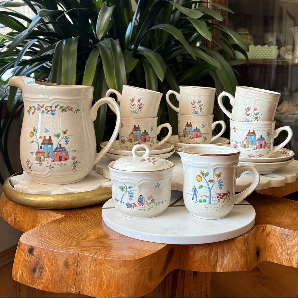 16 Piece Heartland International Farm Animal Stoneware VTG Tea Set + Pitcher Jug